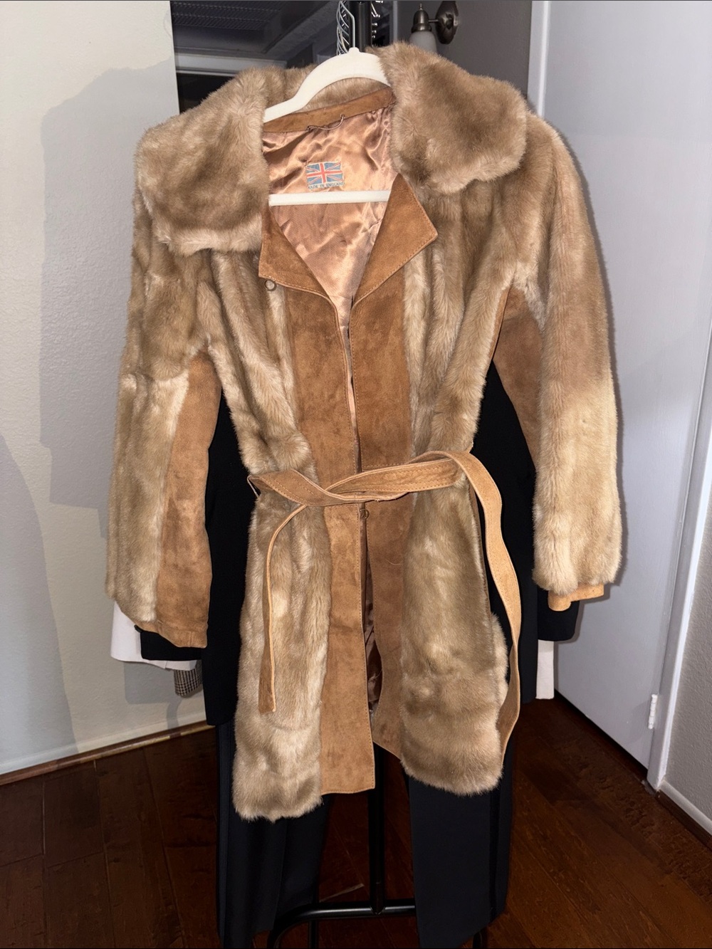 Vintage Lilli Ann London Leathers Faux Fur Coat With Genuine Leather Trim & Belt